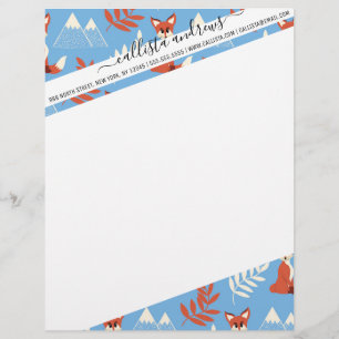 Cute Winter Orange Fox Mountains Leaf Pattern Letterhead