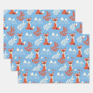 Cute Winter Orange Fox Mountains Leaf Pattern Wrapping Paper Sheet