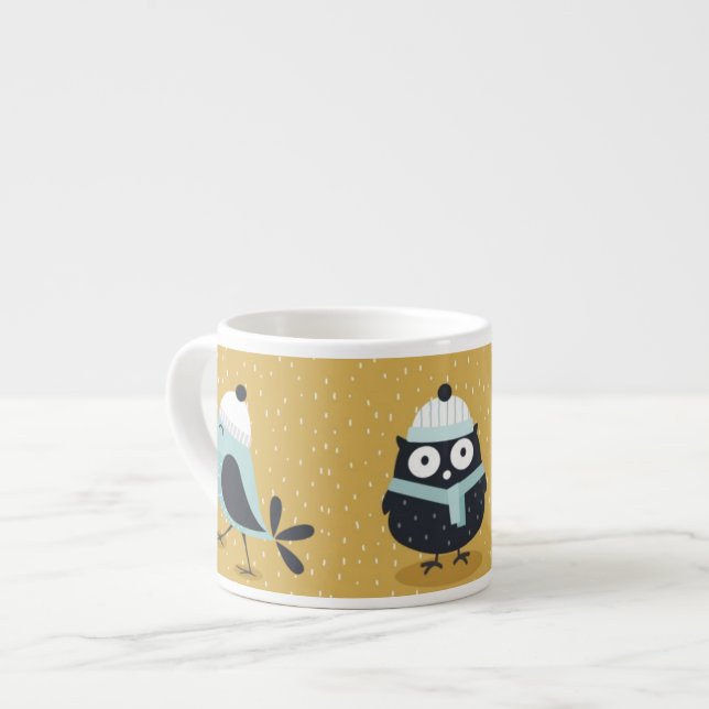 Cute Winter Owl and Birds Nordic Illustration Espresso Cup (Front Left)