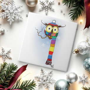 Cute Winter Owl Rainbow Scarf Hat Whimsical Snow Tile