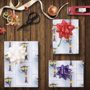 Cute Winter Owl Rainbow Scarf Hat Whimsical Snow Wrapping Paper Sheet