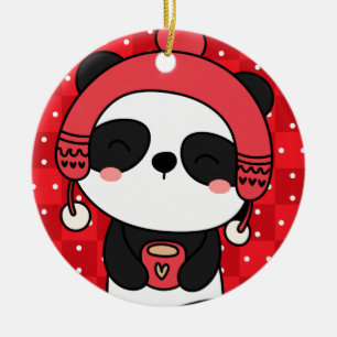 Cute Winter Panda Hand Drawn Ceramic Ornament