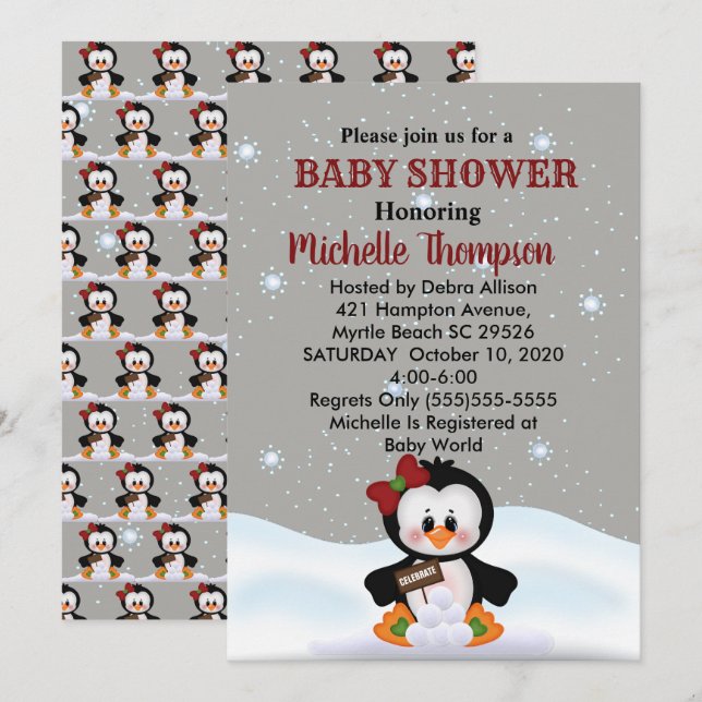 Cute Winter Penguin Baby Shower/Birthday Invite (Front/Back)