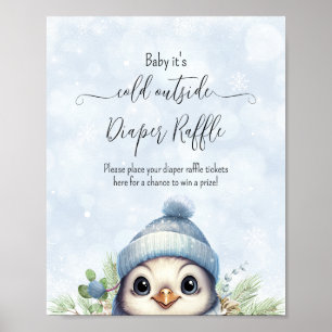Cute Winter Penguin Blue Baby Shower Sign