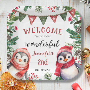 Cute Winter Penguin Christmas 2nd Birthday Paper Plate