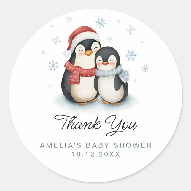 Cute Winter Penguin Family Christmas Baby Shower Classic Round Sticker (Front)