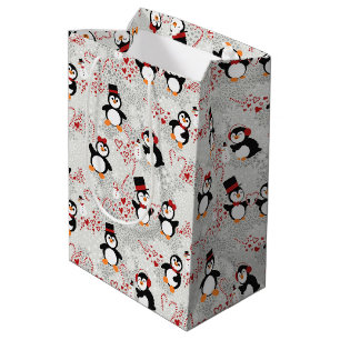 Cute Winter Penguin Hearts Pattern Medium Gift Bag