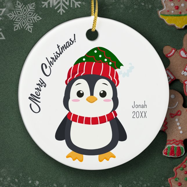 Cute Winter Penguin Personalized Kids Christmas Ceramic Ornament (Creator Uploaded)