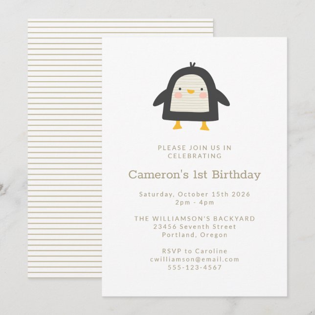 Cute Winter Penguin Simple 1st Birthday Invitation (Front/Back)