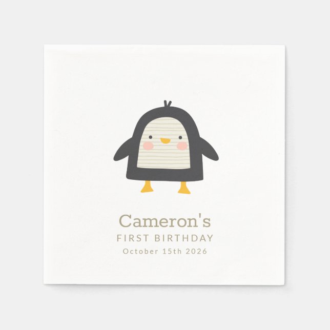 Cute Winter Penguin Simple 1st Birthday Napkin (Front)