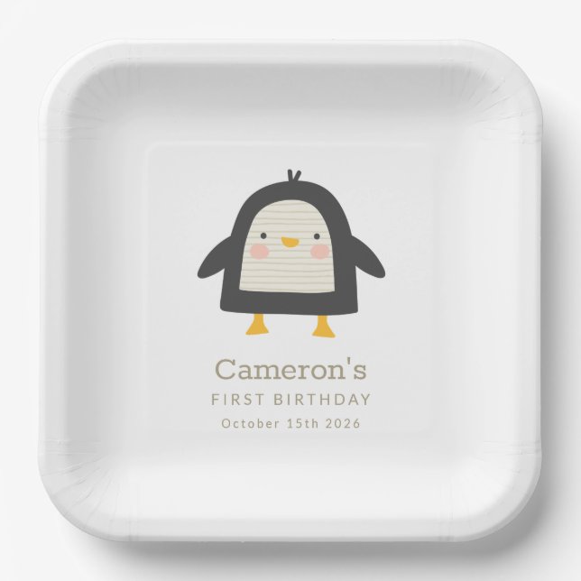 Cute Winter Penguin Simple 1st Birthday Paper Plate (Front)