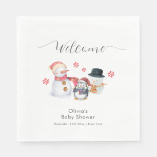 Cute Winter Penguin Snowman Baby Shower Welcome  Napkin