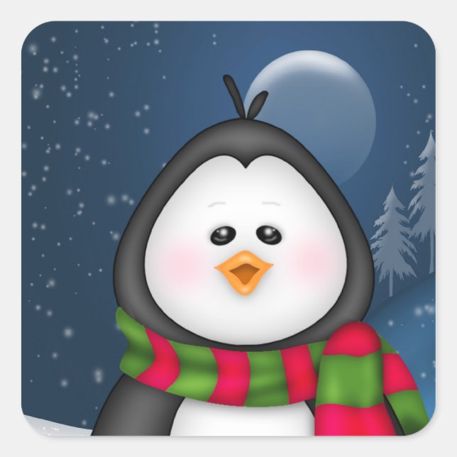 Cute Winter Penguin Square Sticker (Front)