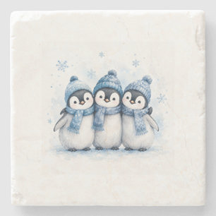 Cute Winter Penguin Trio Can Cooler Adorable Blu Stone Coaster