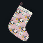 Cute Winter Penguins and Snowman Pink Personalized Small Christmas Stocking<br><div class="desc">Fun kawaii style winter pattern with cute penguins and snowmen in pink,  personalized with your name.</div>
