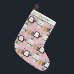 Cute Winter Penguins and Snowman Pink Personalized Small Christmas Stocking<br><div class="desc">Fun kawaii style winter pattern with cute penguins and snowmen in pink,  personalized with your name.</div>