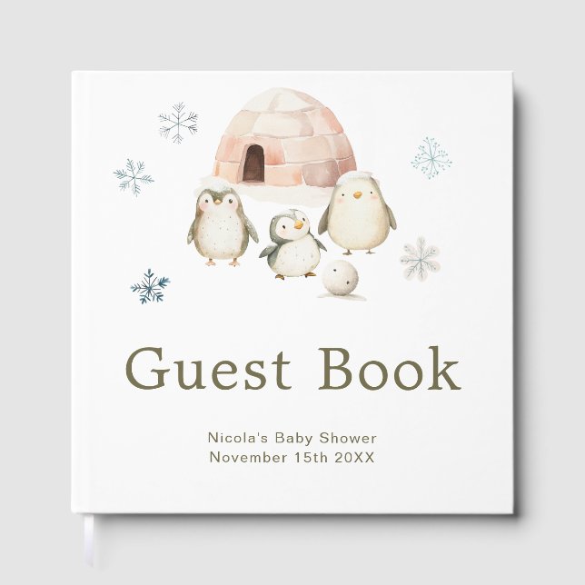 Cute Winter Penguins Baby Shower  Guest Book (Front)