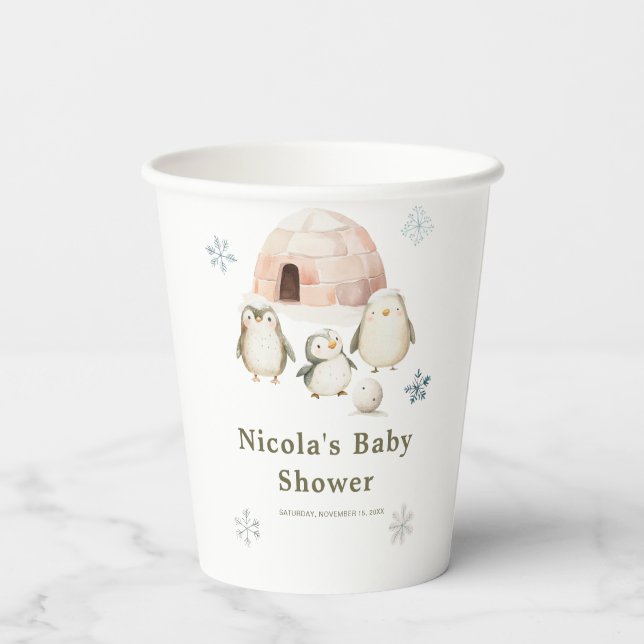 Cute Winter Penguins Baby Shower  Paper Cups (Back)