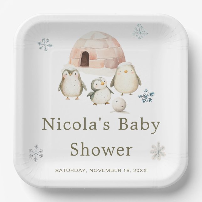 Cute Winter Penguins Baby Shower Paper Plate (Front)