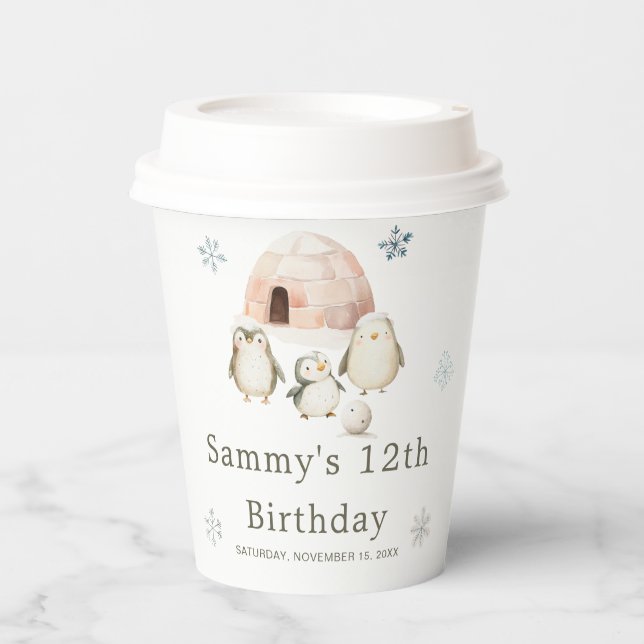 Cute Winter Penguins Birthday Party Paper Cups (Front)