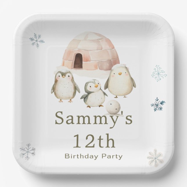Cute Winter Penguins Birthday Party Paper Plate (Front)