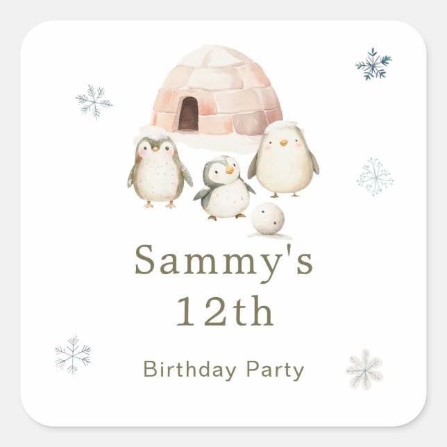 Cute Winter Penguins Birthday Party Square Sticker (Front)