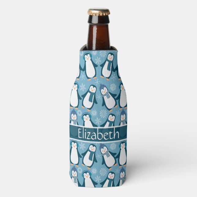 Cute Winter Penguins Design Add Name Bottle Cooler (Bottle Front)