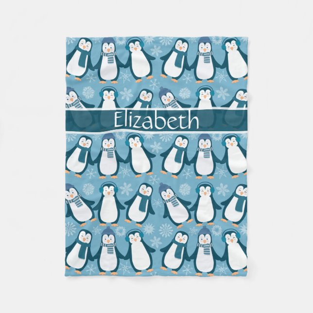 Cute Winter Penguins Design Add Name Fleece Blanket (Front)