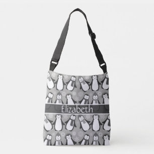 Cute Winter Penguins Design Add Name Grey Crossbody Bag