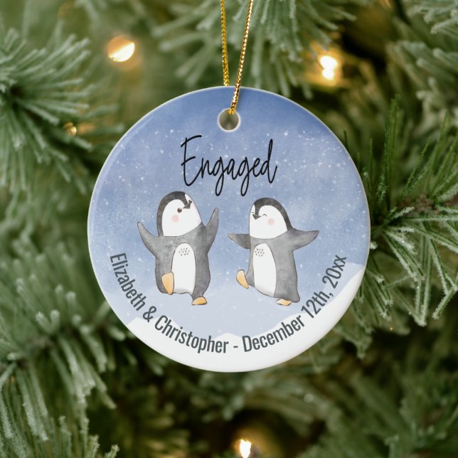 Cute Winter Penguins Monogrammed Engaged Ceramic Ornament (Tree)