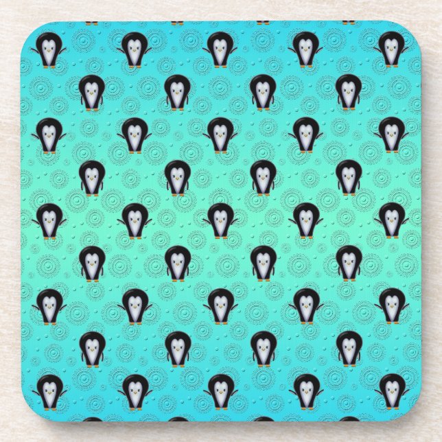 Cute Winter Penguins over Teal and Mint Green Coaster (Front)