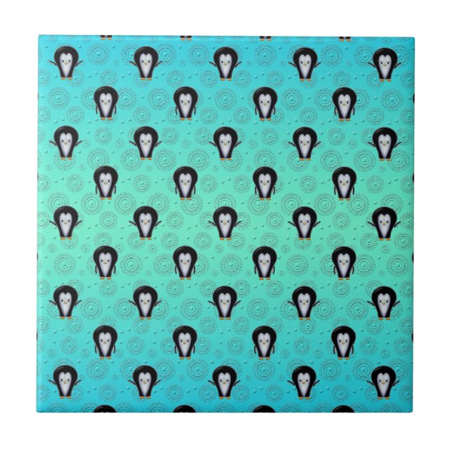 Cute Winter Penguins over Teal and Mint Green Tile (Front)