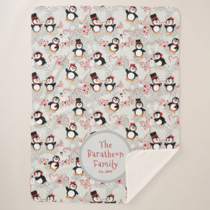 Cute Winter Penguins Personalized Family Name Sherpa Blanket