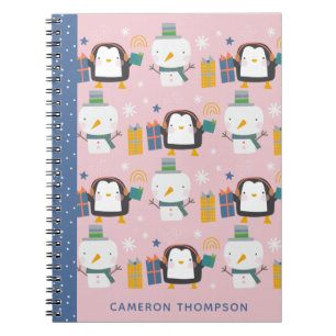 Cute Winter Penguins Snowman Pink Personalized Notebook