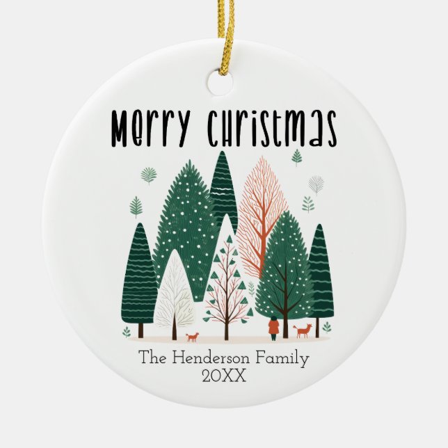 Cute Winter Pine Tree Family Christmas Card  Ceramic Ornament (Front)
