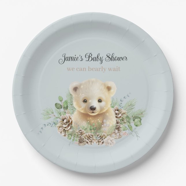 Cute Winter Polar Bear Blue Boy Baby Shower Paper Plate (Front)