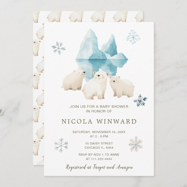 Cute Winter Polar Bears Baby Shower Invitation (Front/Back)