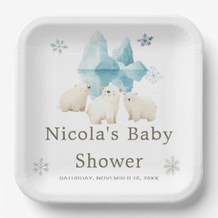 Cute Winter Polar Bears Baby Shower Paper Plate