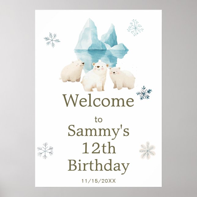 Cute Winter Polar Bears Birthday Party Poster (Front)