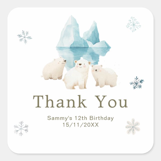 Cute Winter Polar Bears Birthday Party Square Sticker (Front)