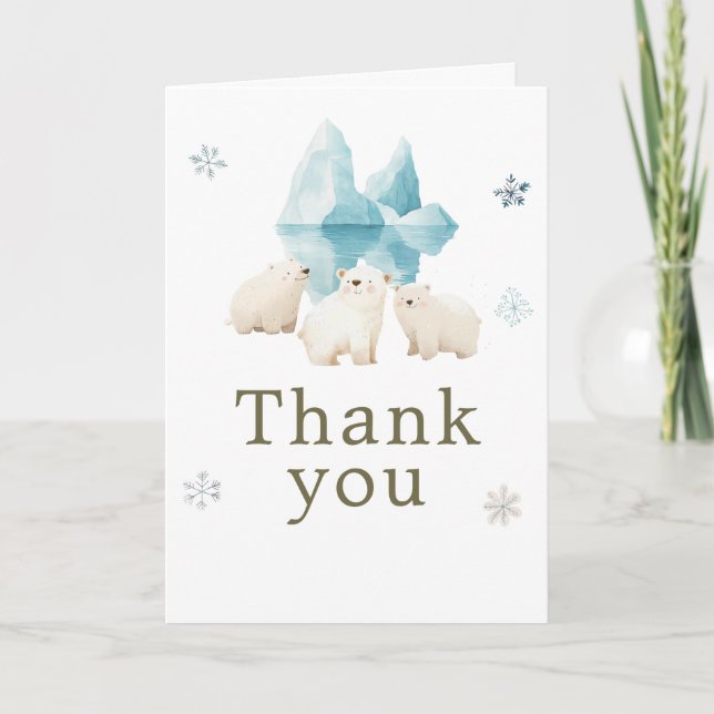 Cute Winter Polar Bears Birthday Party Thank You Card (Front)