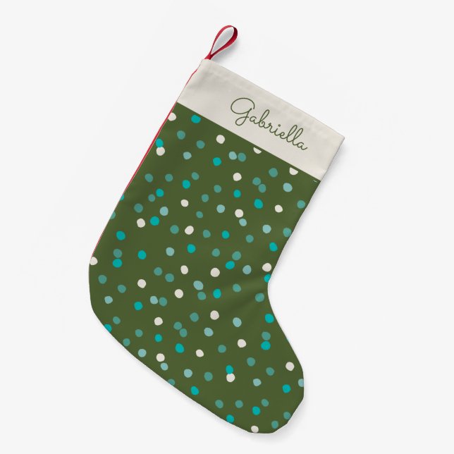 Cute Winter Polka Dots Spots Green Personalized Small Christmas Stocking (Front (Hanging))