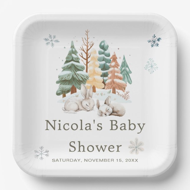 Cute Winter Rabbits Baby Shower  Paper Plate (Front)