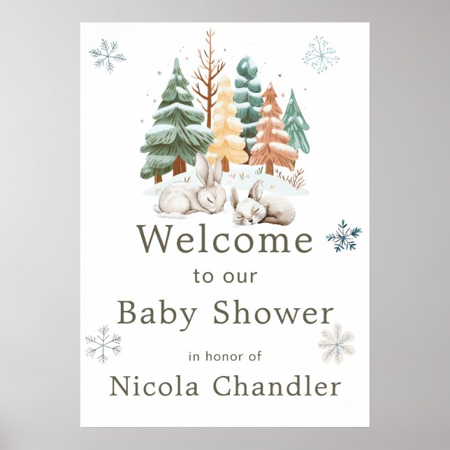 Cute Winter Rabbits Baby Shower Poster (Front)