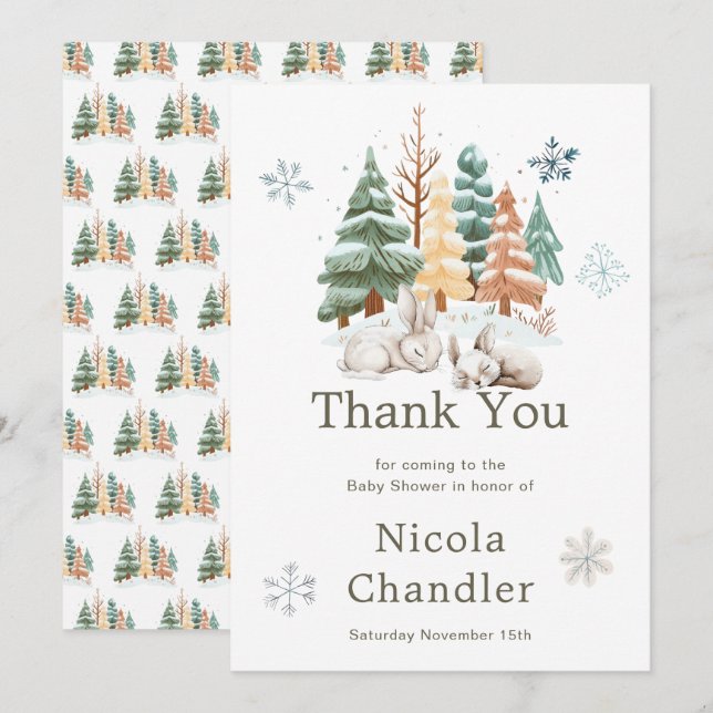Cute Winter Rabbits Baby Shower  Thank You Card (Front/Back)