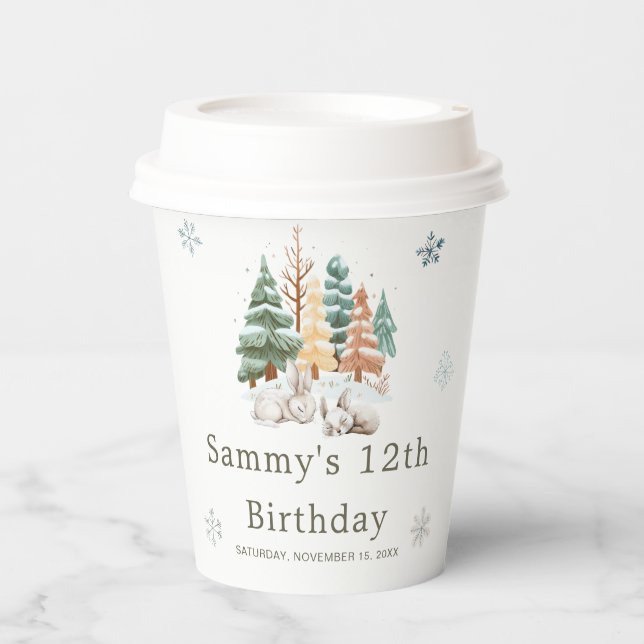 Cute Winter Rabbits Birthday Party Paper Cups (Front)