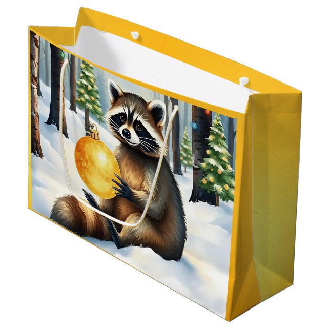 Cute Winter Raccoon with Gold Ornament Christmas Large Gift Bag (Front Angled)