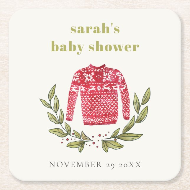 Cute Winter Red Green Ugly Sweater Baby Shower Square Paper Coaster (Front)