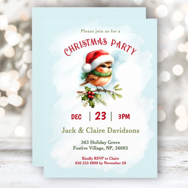 Cute Winter Robin Bird Santa Hat Christmas Party Invitation (Cute Winter Robin Bird Santa Hat Christmas Party Invitation)