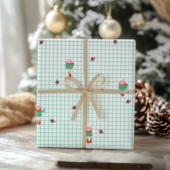 Cute Winter Sheep & Acorns on Mint Grid- Christmas Wrapping Paper (Creator Uploaded)